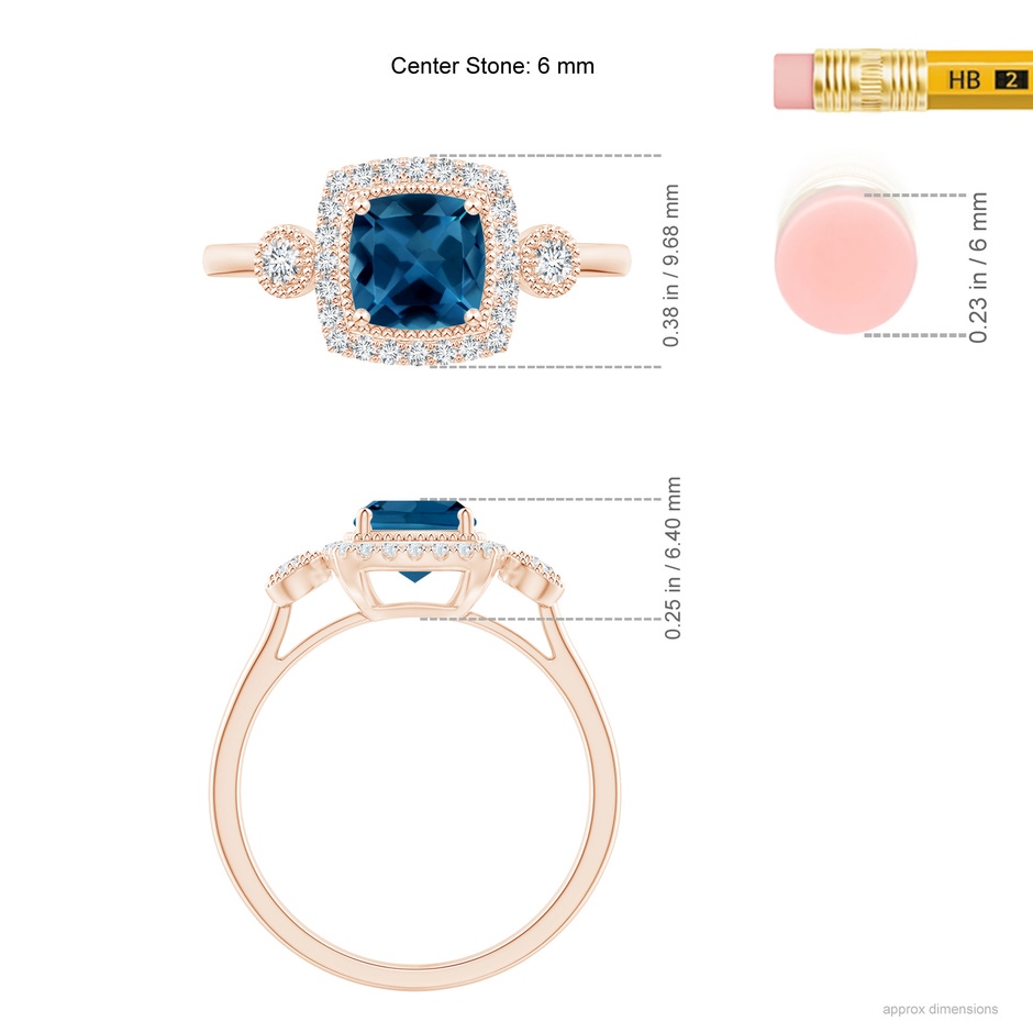 6mm AAA Cushion London Blue Topaz Halo Engagement Ring with Milgrain in Rose Gold ruler