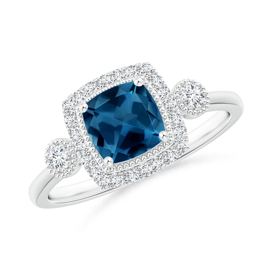 6mm AAA Cushion London Blue Topaz Halo Engagement Ring with Milgrain in White Gold