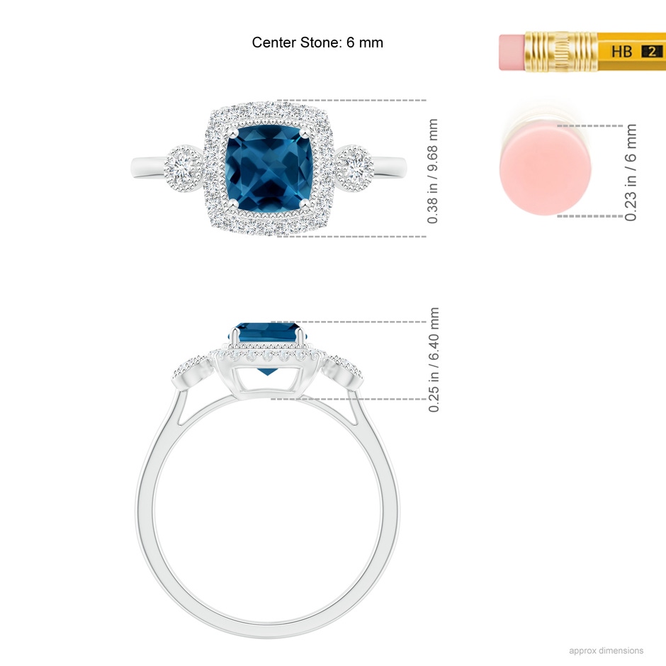 6mm AAA Cushion London Blue Topaz Halo Engagement Ring with Milgrain in White Gold ruler