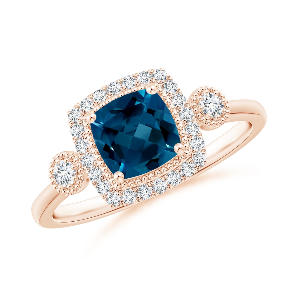 6mm AAAA Cushion London Blue Topaz Halo Engagement Ring with Milgrain in Rose Gold 