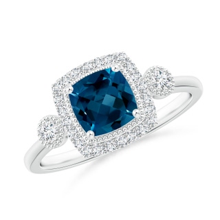 6mm AAAA Cushion London Blue Topaz Halo Engagement Ring with Milgrain in White Gold