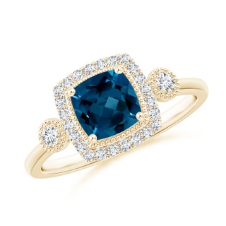 6mm AAAA Cushion London Blue Topaz Halo Engagement Ring with Milgrain in Yellow Gold