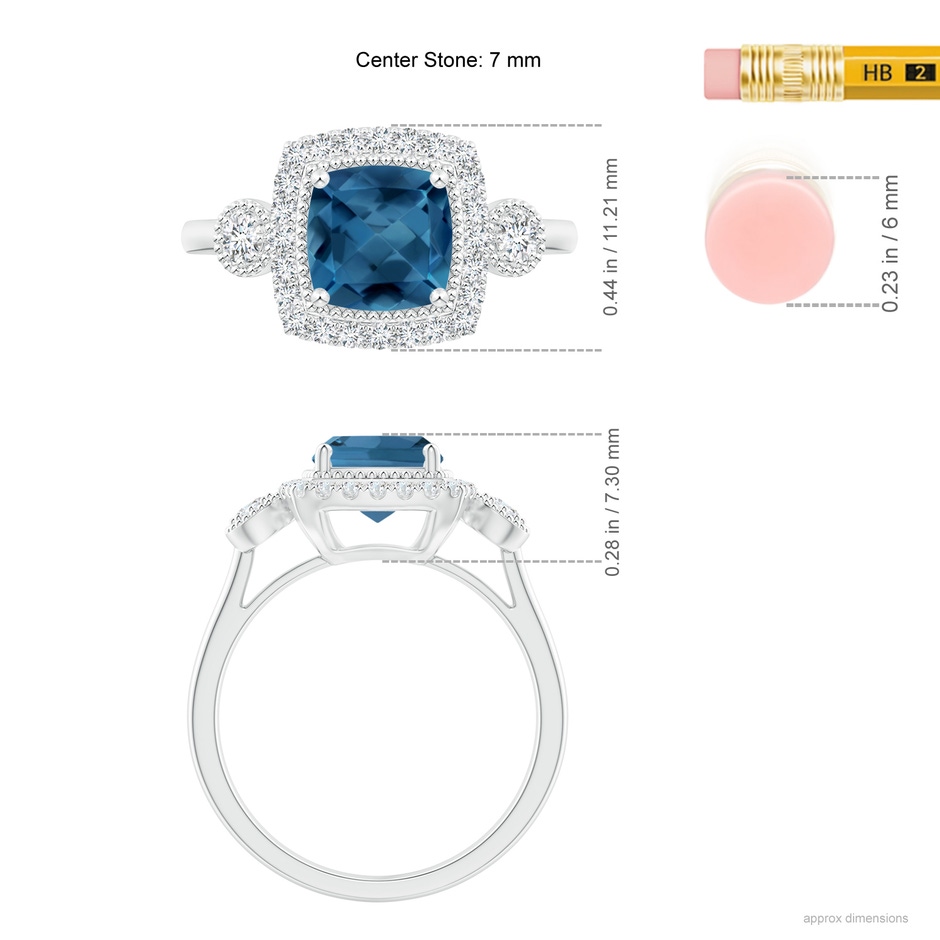 7mm AA Cushion London Blue Topaz Halo Engagement Ring with Milgrain in White Gold ruler