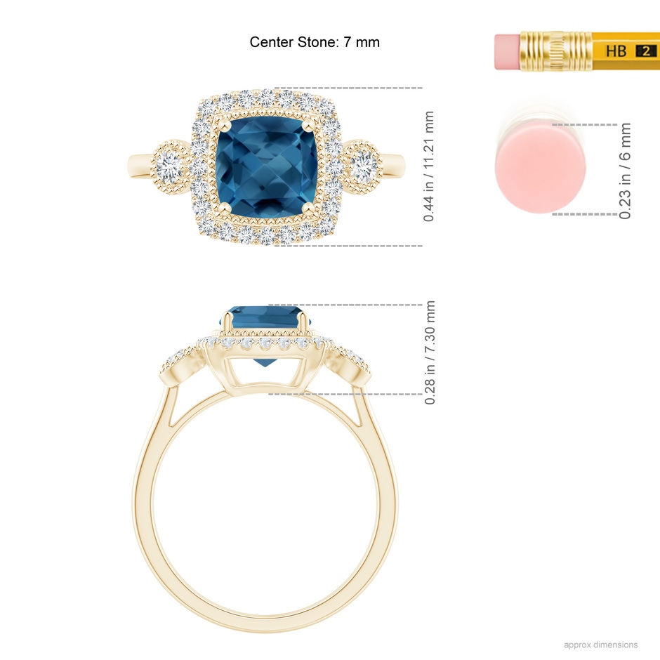 7mm AA Cushion London Blue Topaz Halo Engagement Ring with Milgrain in Yellow Gold ruler