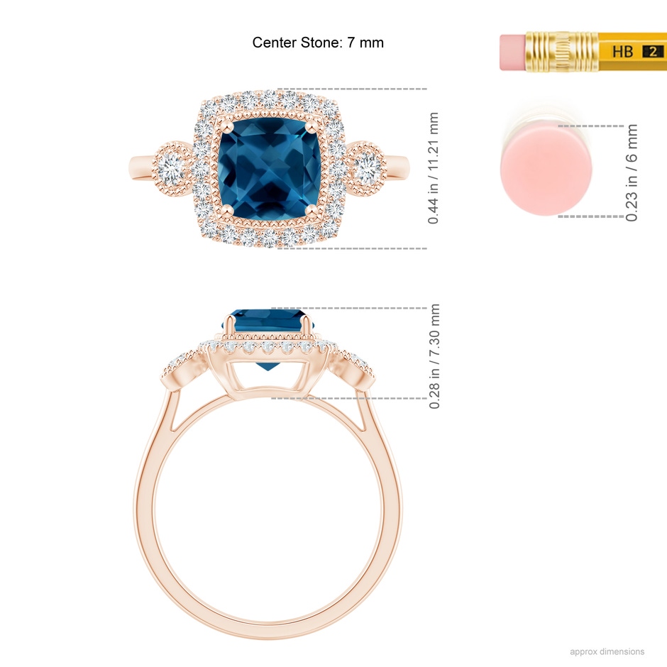 7mm AAA Cushion London Blue Topaz Halo Engagement Ring with Milgrain in Rose Gold ruler