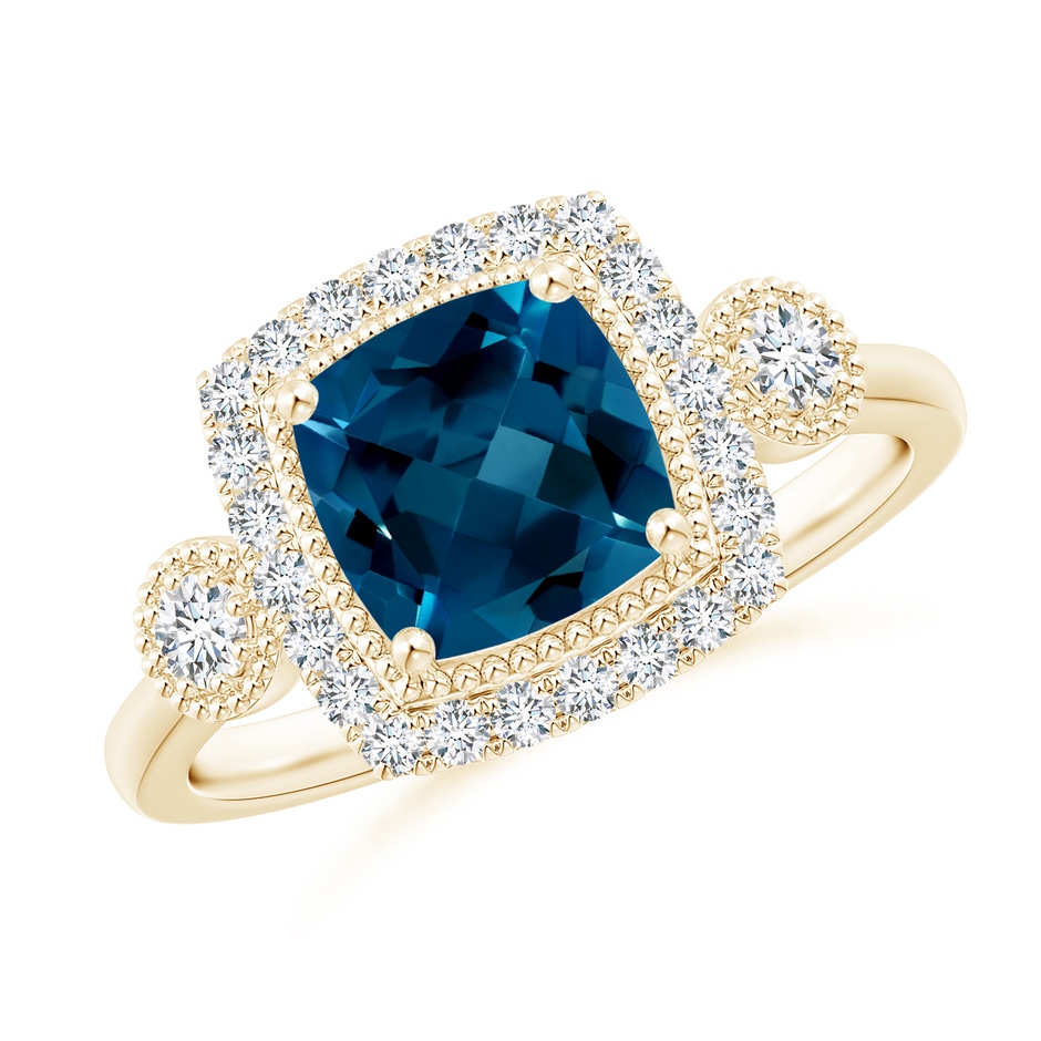 7mm AAAA Cushion London Blue Topaz Halo Engagement Ring with Milgrain in Yellow Gold 