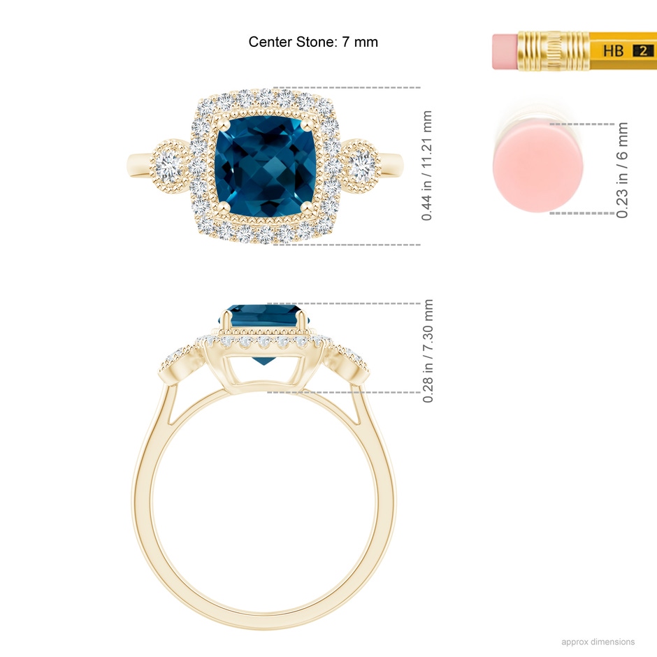 7mm AAAA Cushion London Blue Topaz Halo Engagement Ring with Milgrain in Yellow Gold ruler