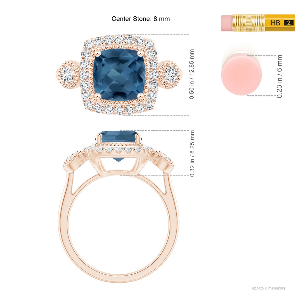 8mm A Cushion London Blue Topaz Halo Engagement Ring with Milgrain in Rose Gold ruler