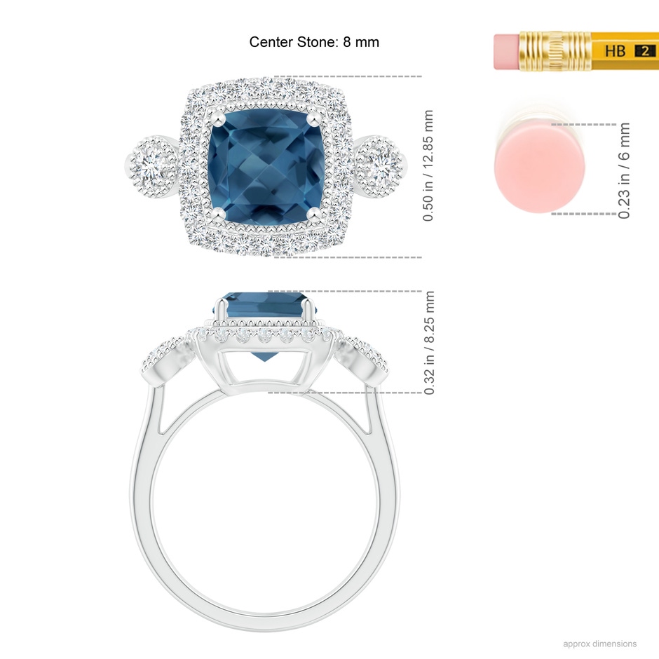 8mm A Cushion London Blue Topaz Halo Engagement Ring with Milgrain in White Gold ruler