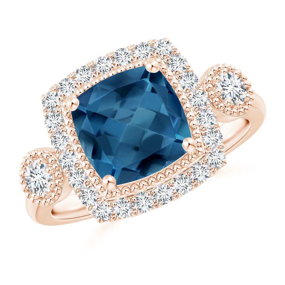 8mm AA Cushion London Blue Topaz Halo Engagement Ring with Milgrain in Rose Gold 