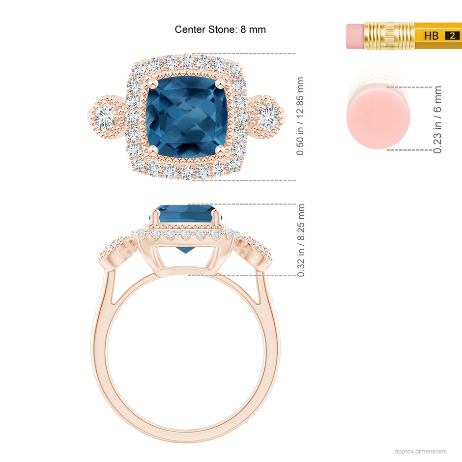 8mm AA Cushion London Blue Topaz Halo Engagement Ring with Milgrain in Rose Gold ruler