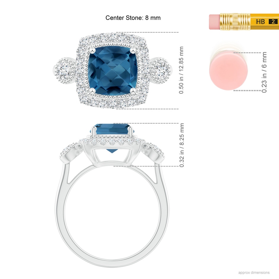 8mm AA Cushion London Blue Topaz Halo Engagement Ring with Milgrain in White Gold ruler