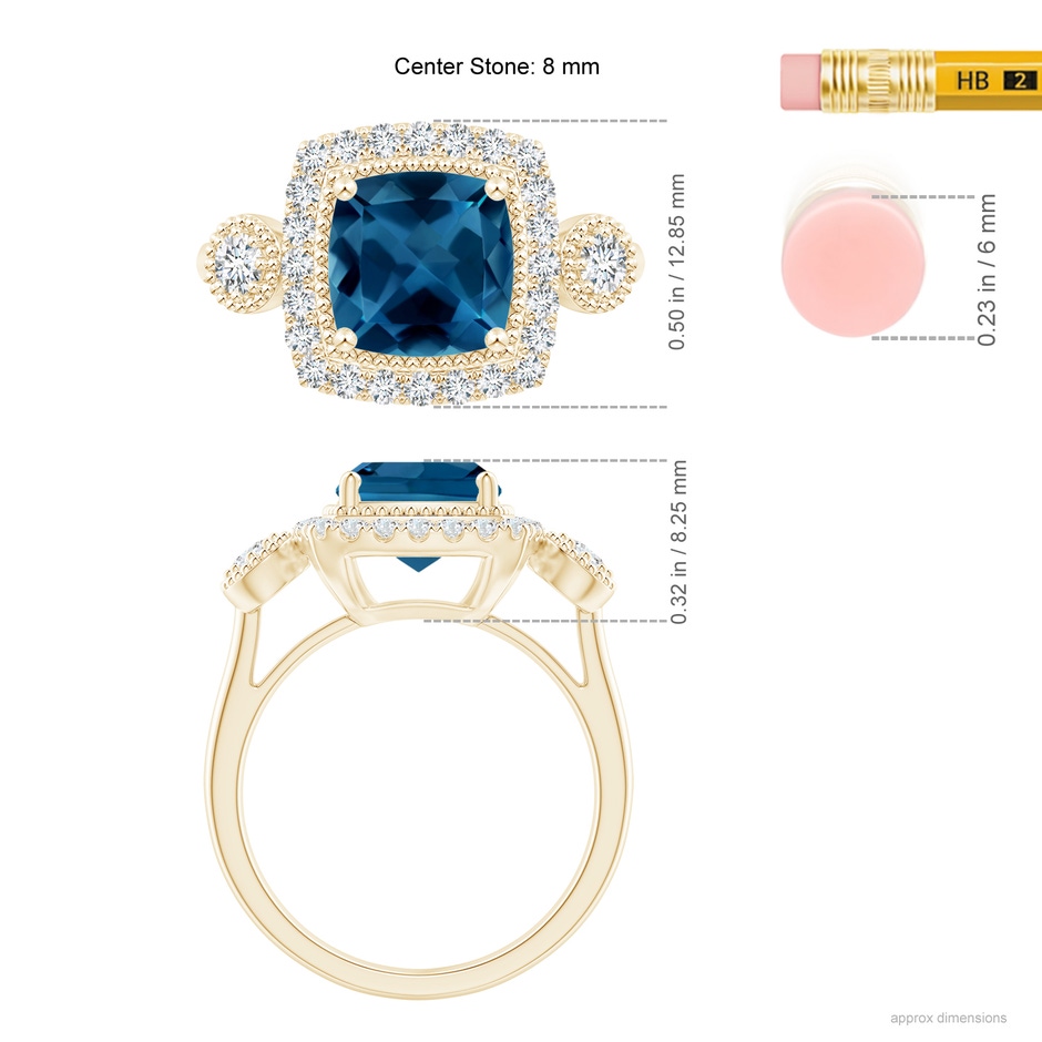 8mm AAA Cushion London Blue Topaz Halo Engagement Ring with Milgrain in Yellow Gold ruler