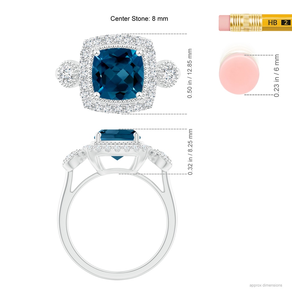 8mm AAAA Cushion London Blue Topaz Halo Engagement Ring with Milgrain in P950 Platinum ruler