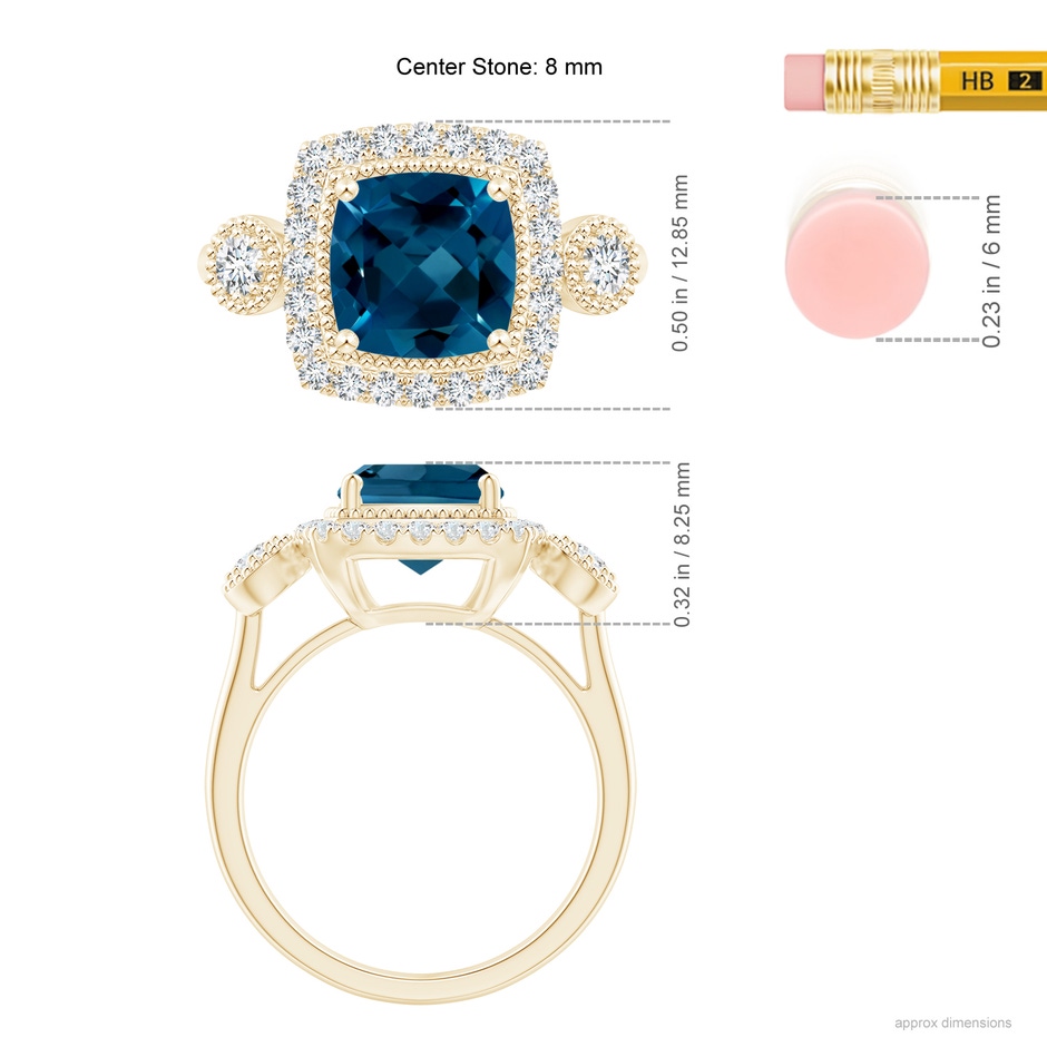 8mm AAAA Cushion London Blue Topaz Halo Engagement Ring with Milgrain in Yellow Gold ruler
