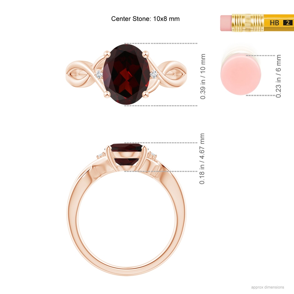 10x8mm A Oval Garnet Criss Cross Ring with Diamond Accents in Rose Gold ruler