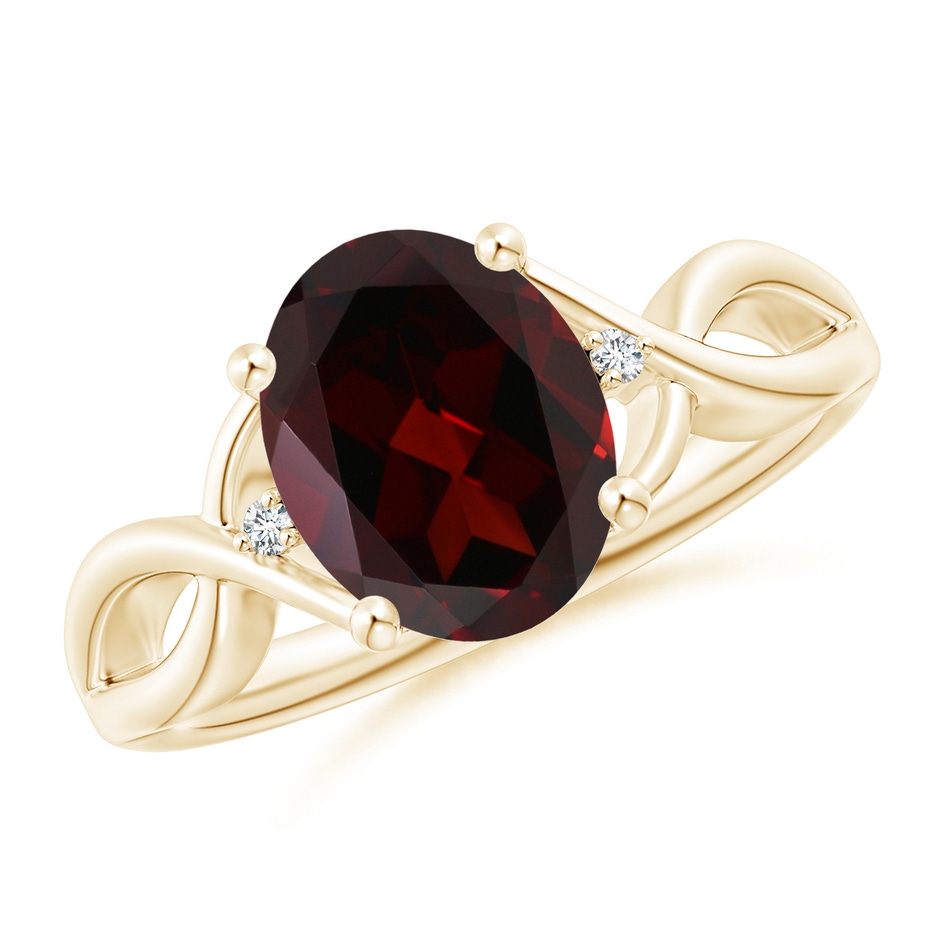 10x8mm A Oval Garnet Criss Cross Ring with Diamond Accents in Yellow Gold 