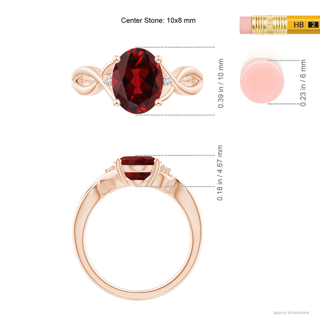 10x8mm AAAA Oval Garnet Criss Cross Ring with Diamond Accents in Rose Gold Ruler