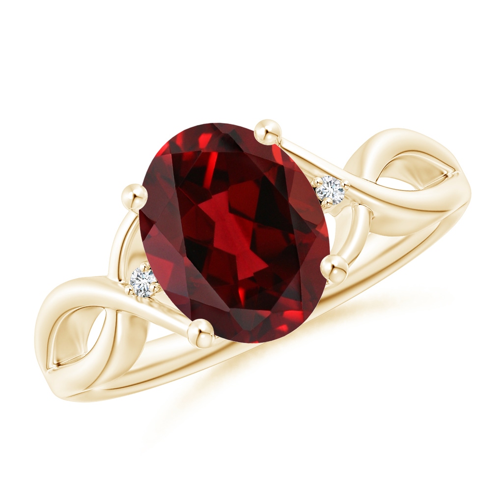 10x8mm AAAA Oval Garnet Criss Cross Ring with Diamond Accents in Yellow Gold