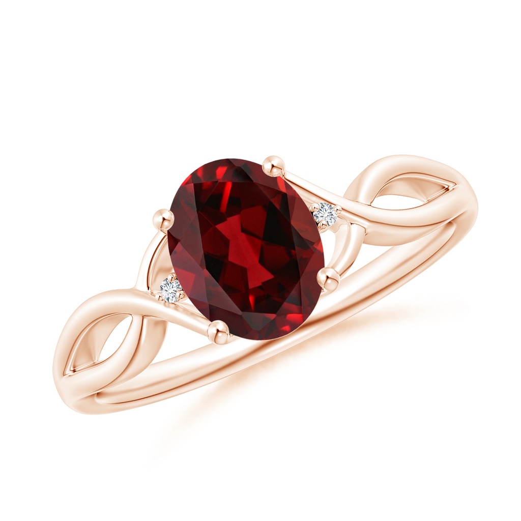 8x6mm AAAA Oval Garnet Criss Cross Ring with Diamond Accents in Rose Gold