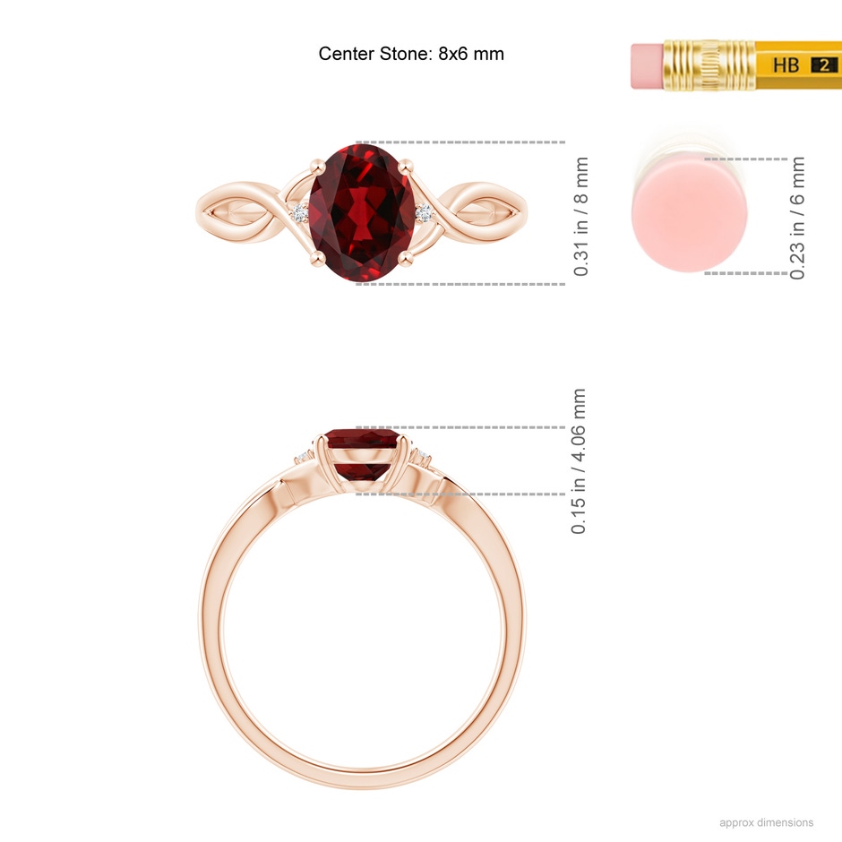 8x6mm AAAA Oval Garnet Criss Cross Ring with Diamond Accents in Rose Gold ruler