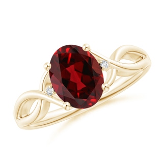 9x7mm AAAA Oval Garnet Criss Cross Ring with Diamond Accents in Yellow Gold