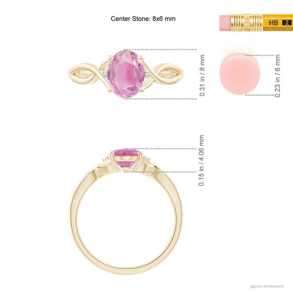 8x6mm A Oval Pink Tourmaline Criss Cross Ring with Diamond Accents in Yellow Gold ruler