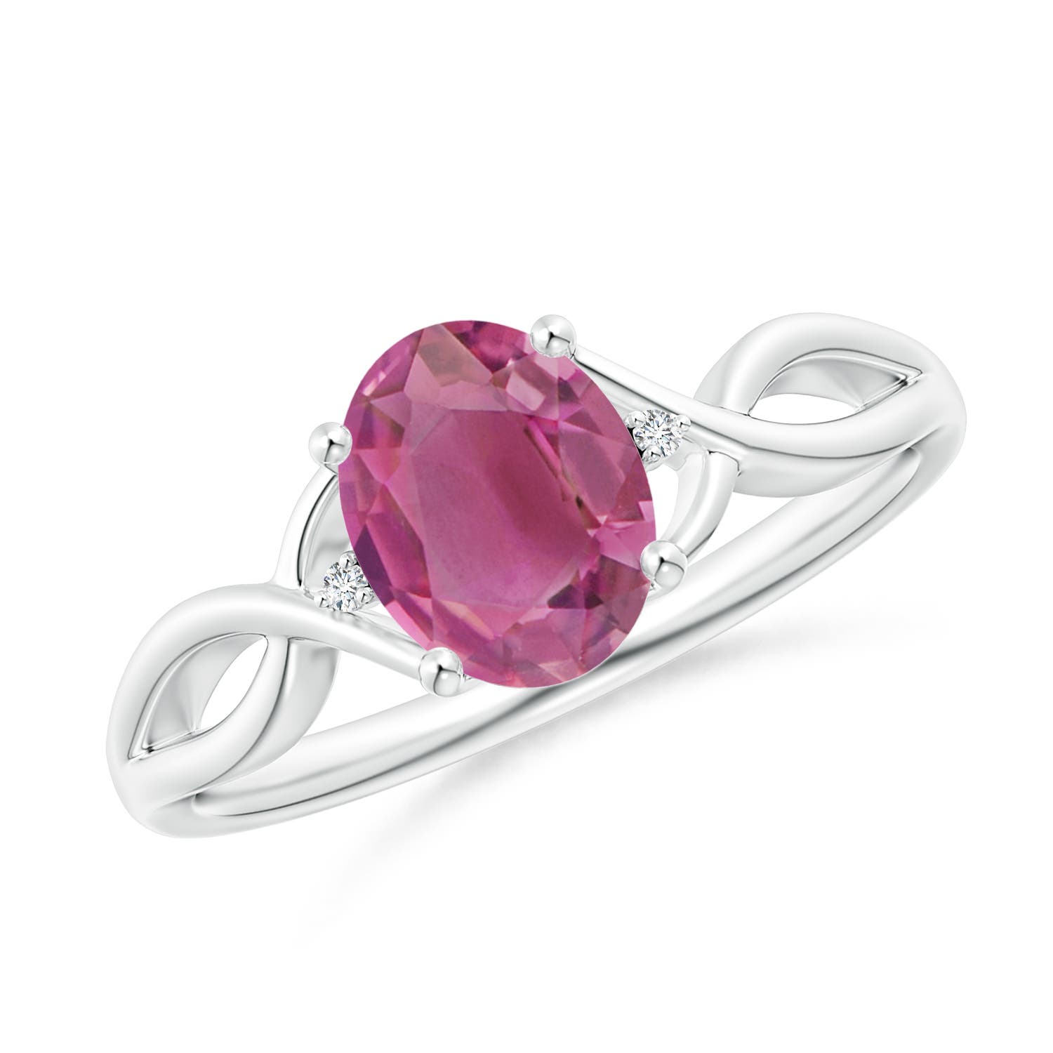 8x6mm AAA Oval Pink Tourmaline Criss Cross Ring with Diamond Accents in White Gold