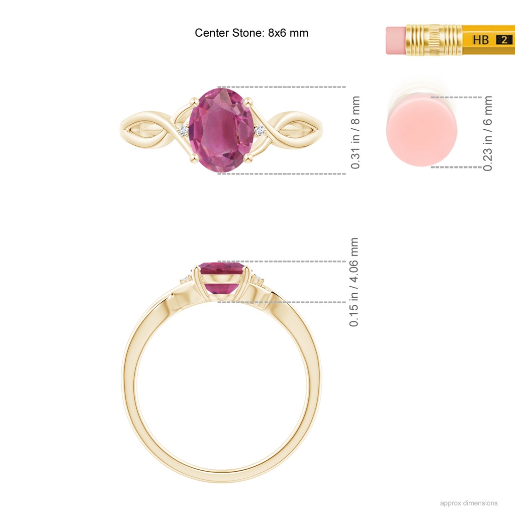 8x6mm AAA Oval Pink Tourmaline Criss Cross Ring with Diamond Accents in Yellow Gold Ruler