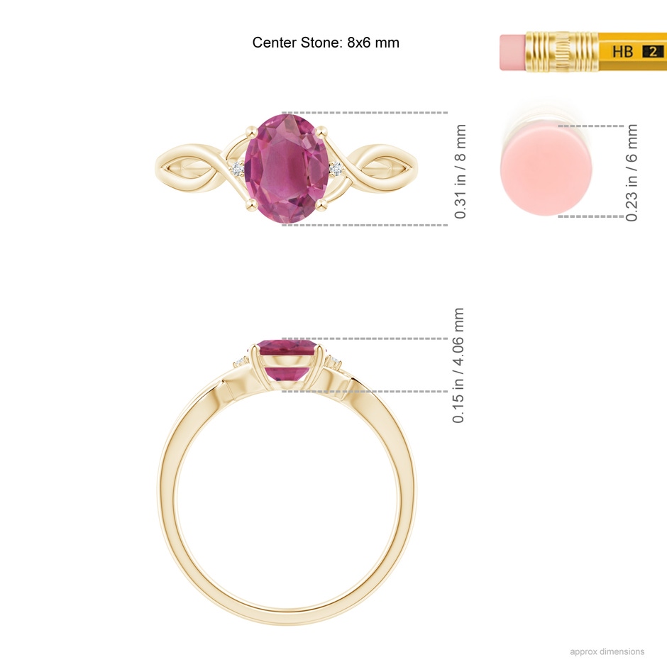 8x6mm AAA Oval Pink Tourmaline Criss Cross Ring with Diamond Accents in Yellow Gold ruler