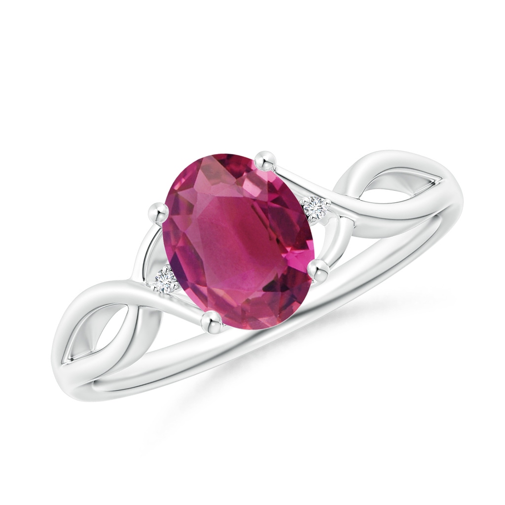 8x6mm AAAA Oval Pink Tourmaline Criss Cross Ring with Diamond Accents in White Gold