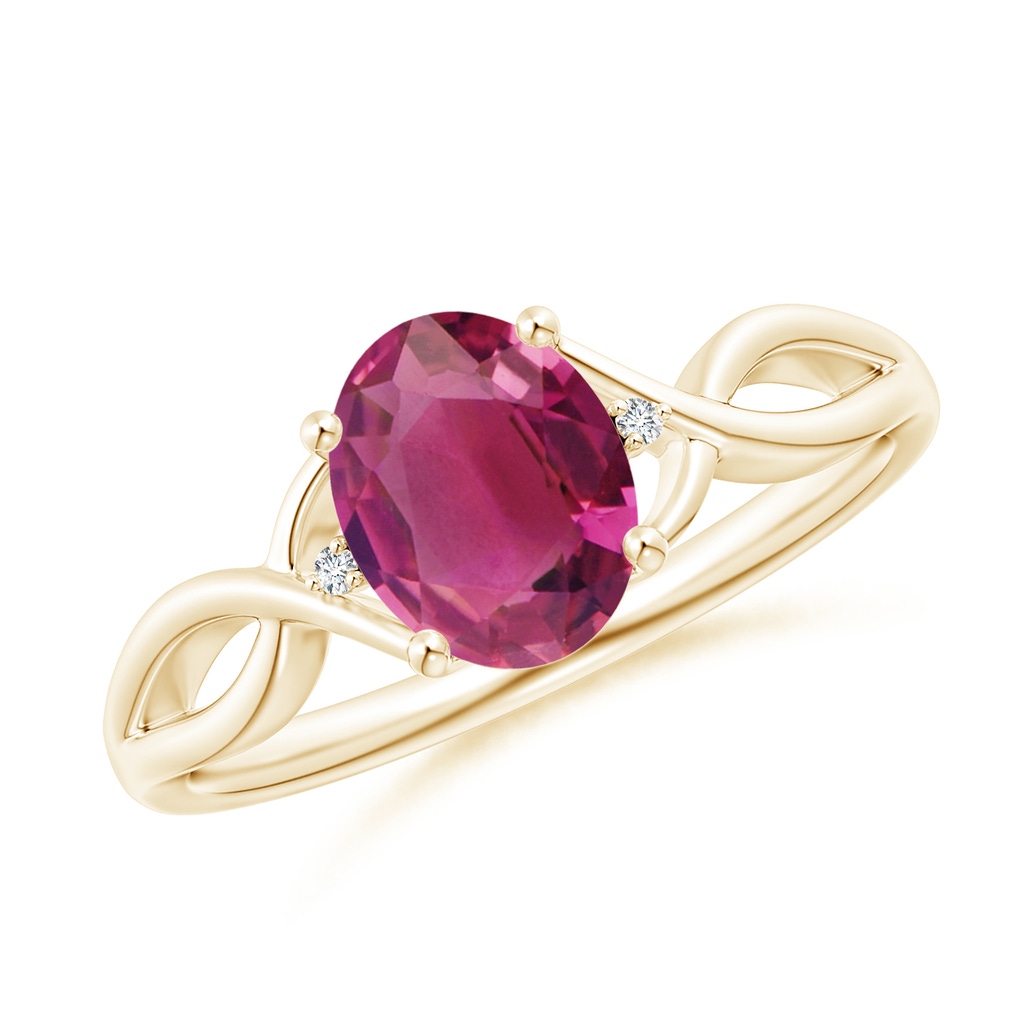 8x6mm AAAA Oval Pink Tourmaline Criss Cross Ring with Diamond Accents in Yellow Gold