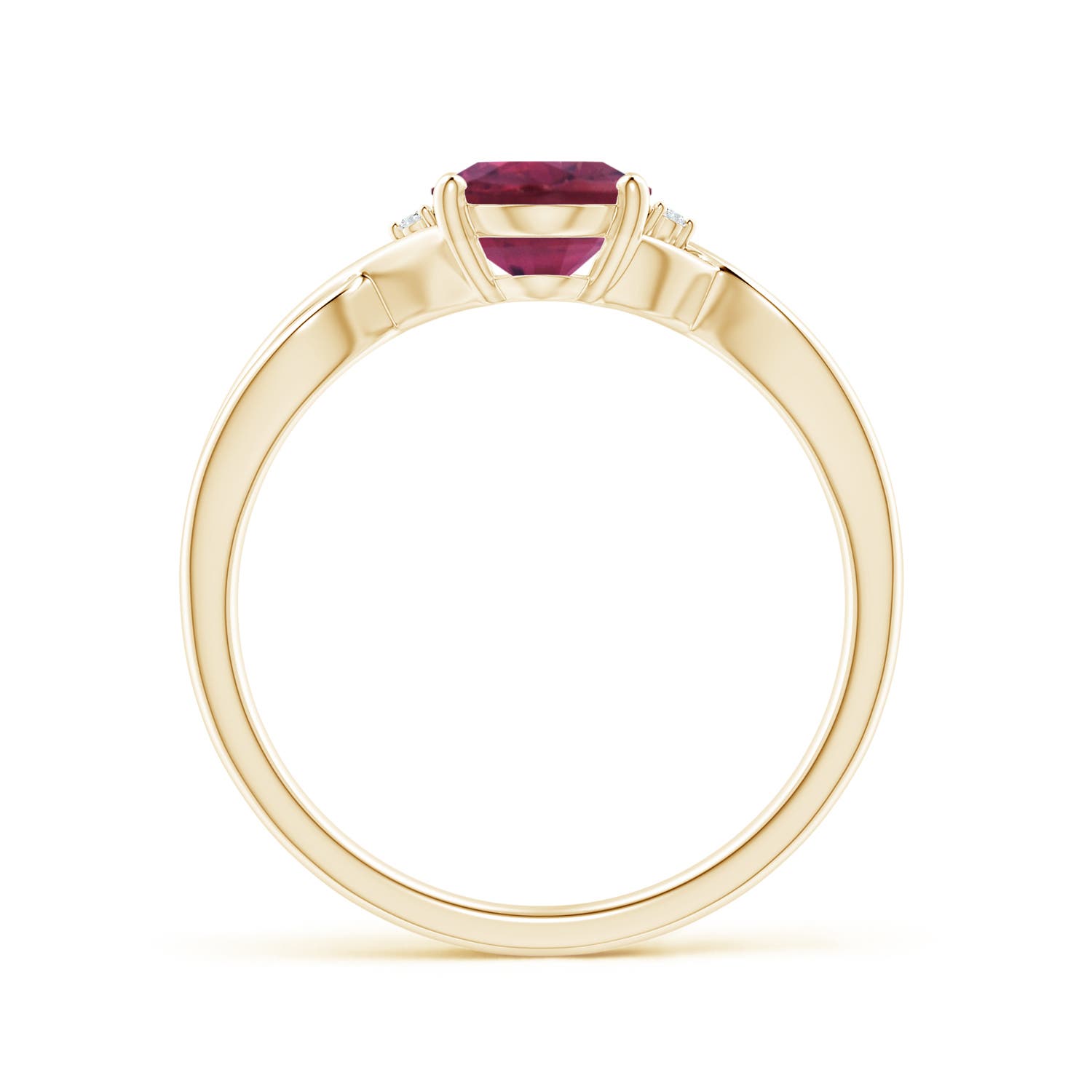 8x6mm AAAA Oval Pink Tourmaline Criss Cross Ring with Diamond Accents in Yellow Gold - side 2