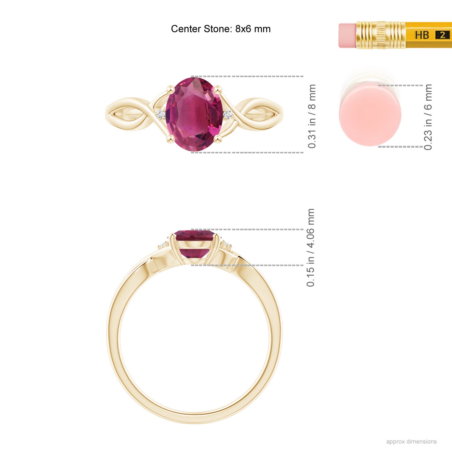 8x6mm AAAA Oval Pink Tourmaline Criss Cross Ring with Diamond Accents in Yellow Gold - ruler