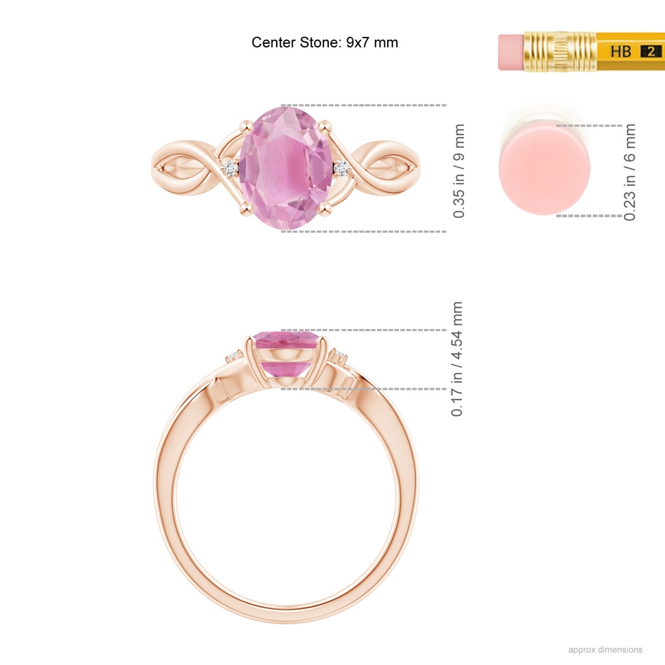 9x7mm A Oval Pink Tourmaline Criss Cross Ring with Diamond Accents in Rose Gold ruler