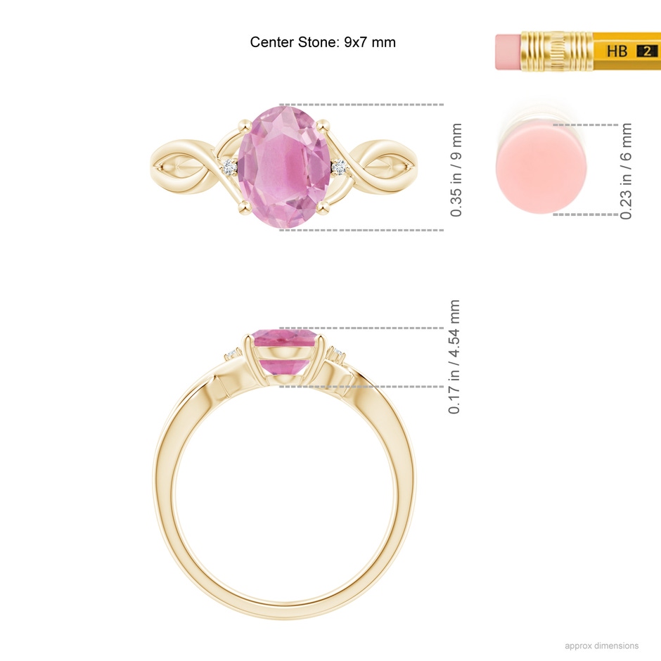 9x7mm A Oval Pink Tourmaline Criss Cross Ring with Diamond Accents in Yellow Gold ruler