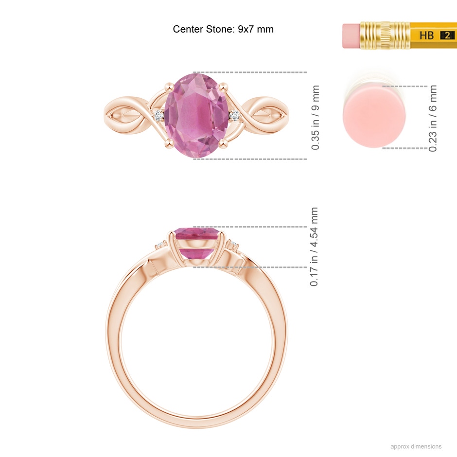 9x7mm AA Oval Pink Tourmaline Criss Cross Ring with Diamond Accents in Rose Gold ruler