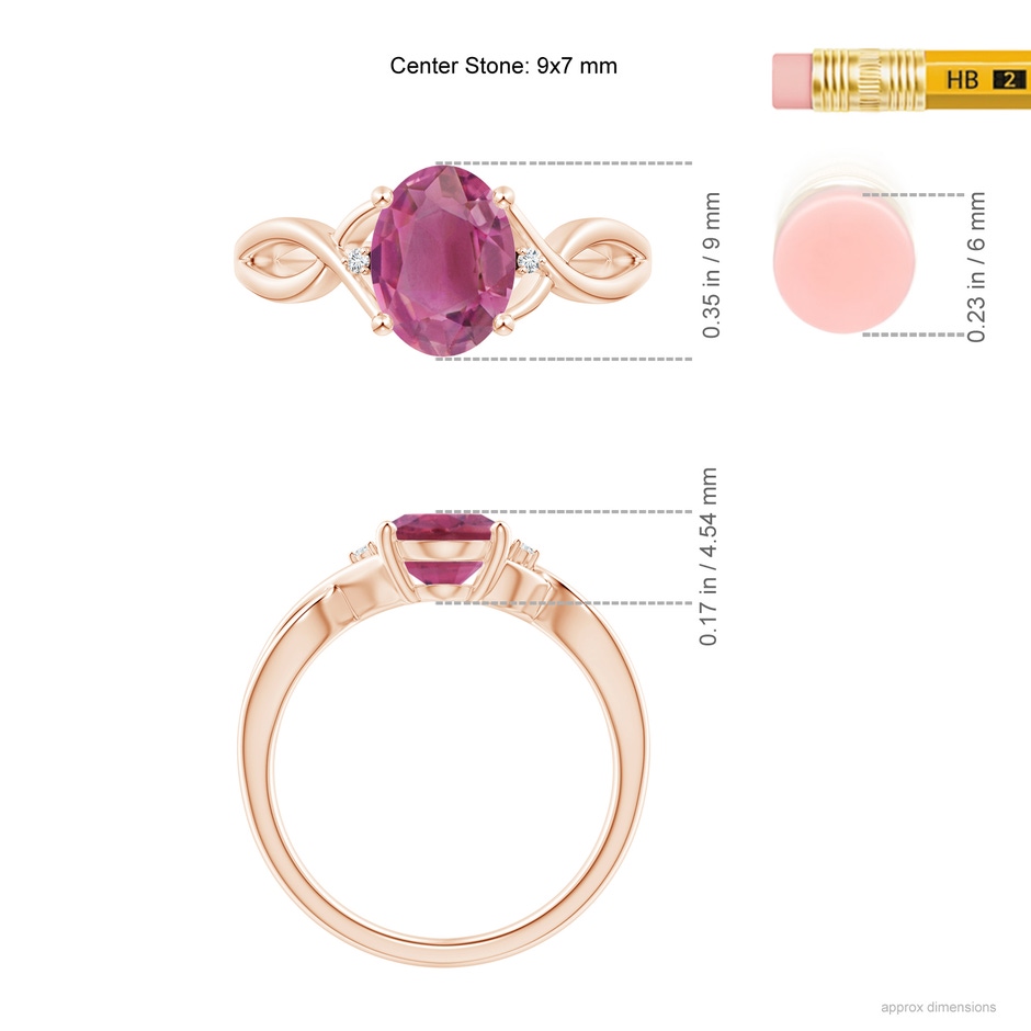 9x7mm AAA Oval Pink Tourmaline Criss Cross Ring with Diamond Accents in Rose Gold ruler