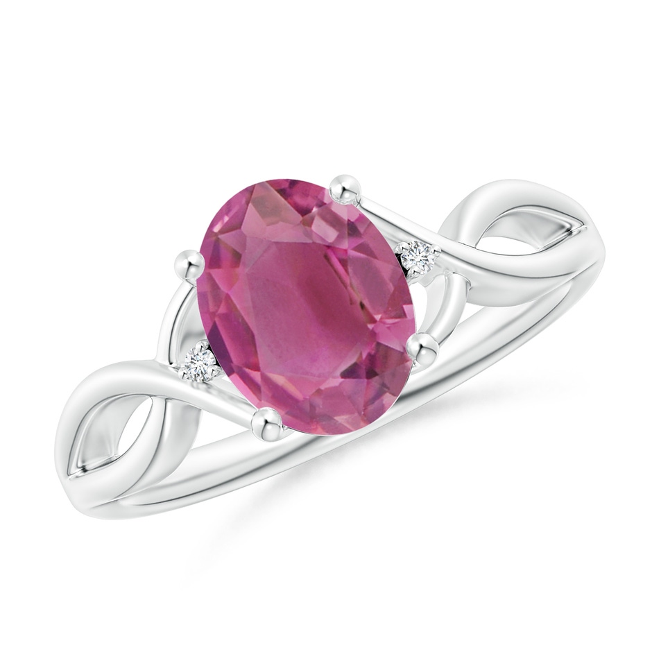9x7mm AAA Oval Pink Tourmaline Criss Cross Ring with Diamond Accents in White Gold 