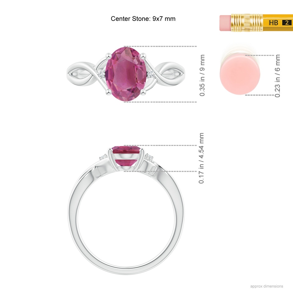 9x7mm AAA Oval Pink Tourmaline Criss Cross Ring with Diamond Accents in White Gold ruler