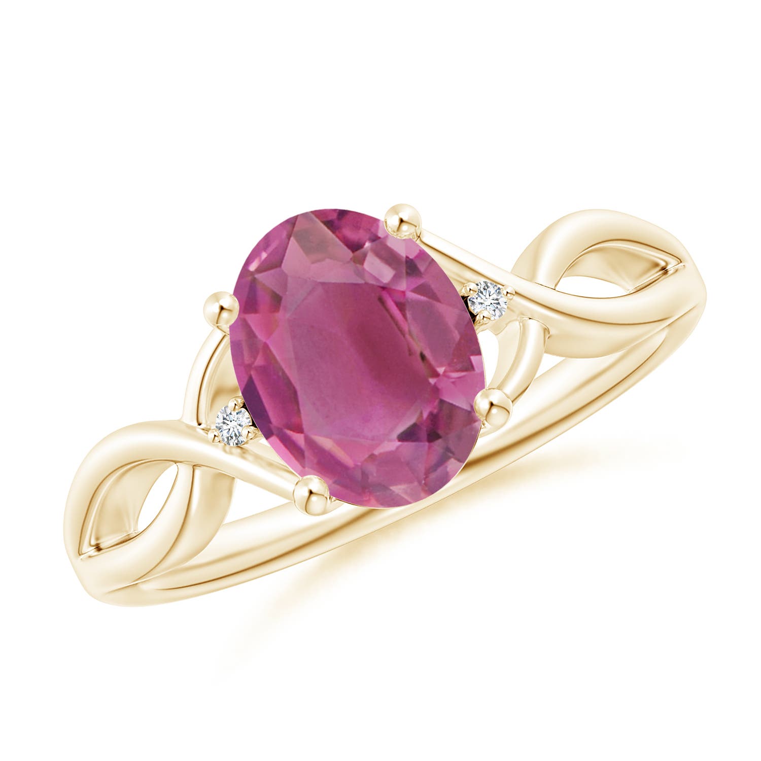 9x7mm AAA Oval Pink Tourmaline Criss Cross Ring with Diamond Accents in Yellow Gold