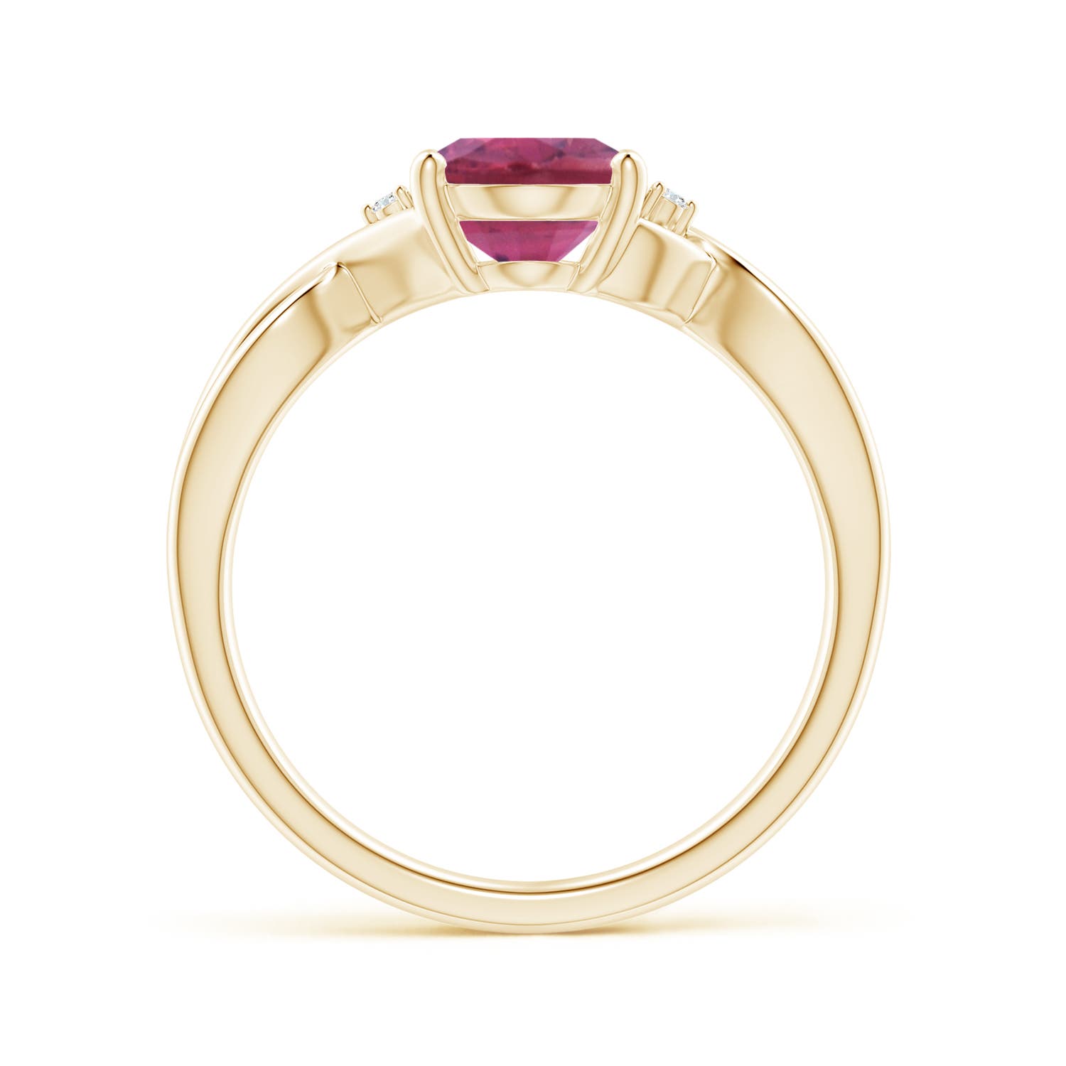 9x7mm AAA Oval Pink Tourmaline Criss Cross Ring with Diamond Accents in Yellow Gold