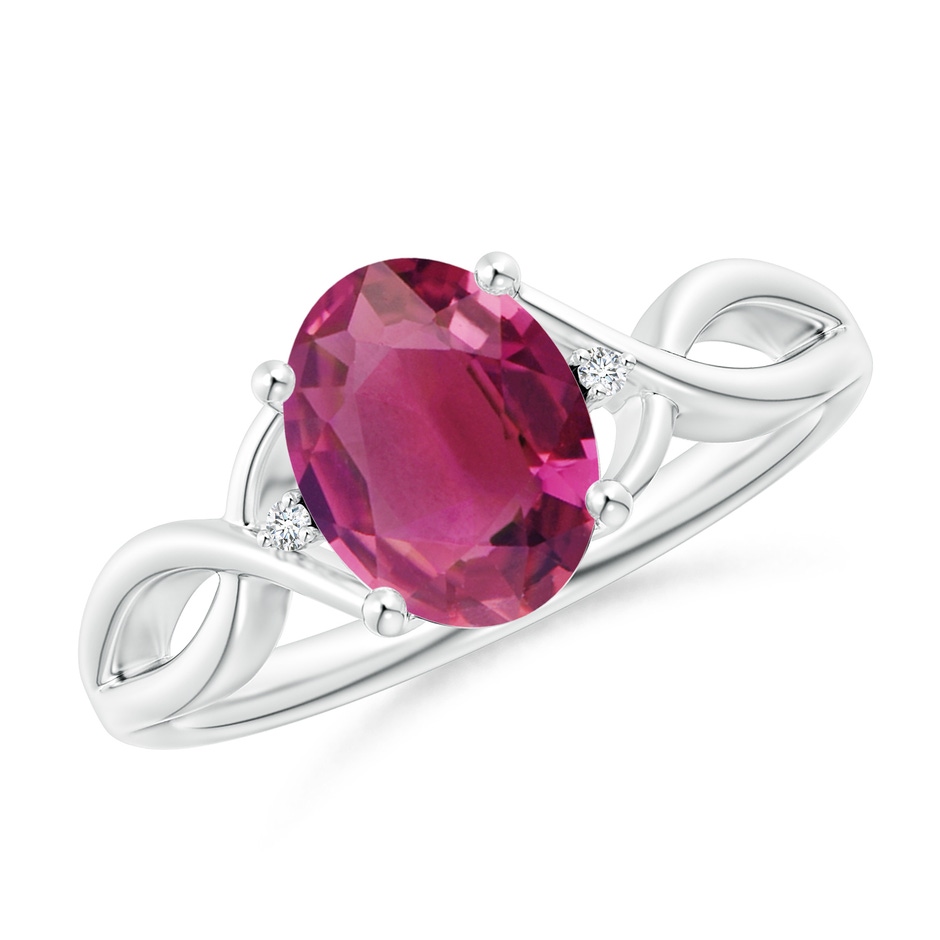 9x7mm AAAA Oval Pink Tourmaline Criss Cross Ring with Diamond Accents in P950 Platinum 