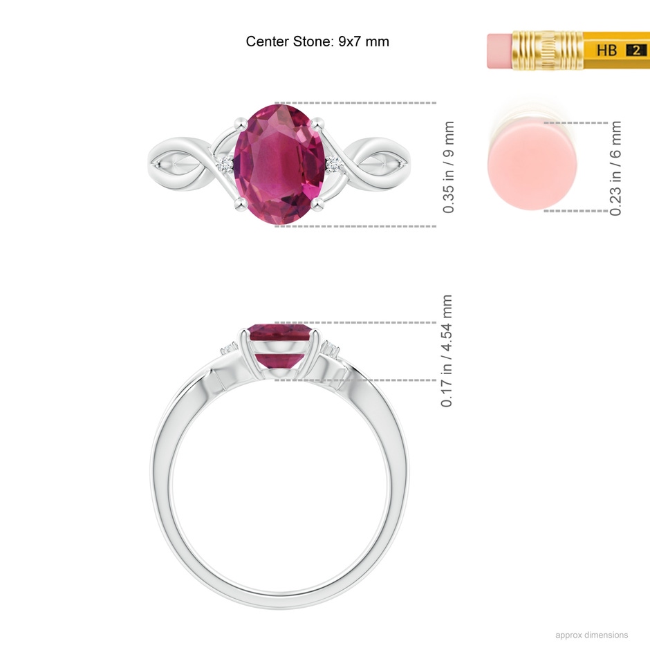 9x7mm AAAA Oval Pink Tourmaline Criss Cross Ring with Diamond Accents in P950 Platinum ruler