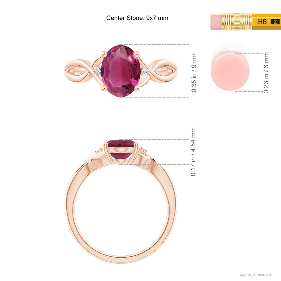 9x7mm AAAA Oval Pink Tourmaline Criss Cross Ring with Diamond Accents in Rose Gold ruler