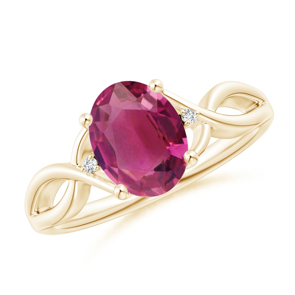 9x7mm AAAA Oval Pink Tourmaline Criss Cross Ring with Diamond Accents in Yellow Gold 
