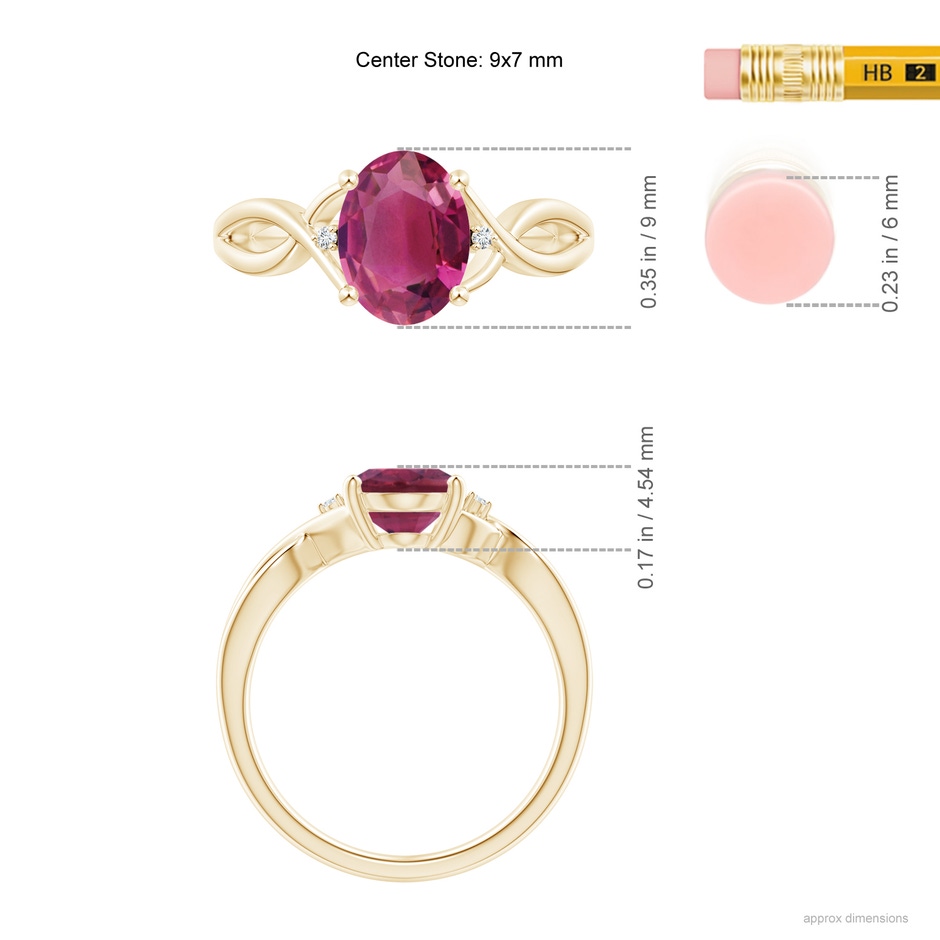 9x7mm AAAA Oval Pink Tourmaline Criss Cross Ring with Diamond Accents in Yellow Gold ruler