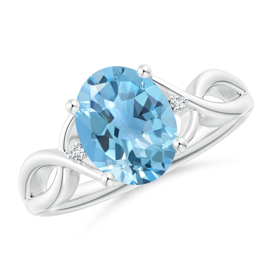 10x8mm A Oval Swiss Blue Topaz Criss Cross Ring with Diamond Accents in P950 Platinum 