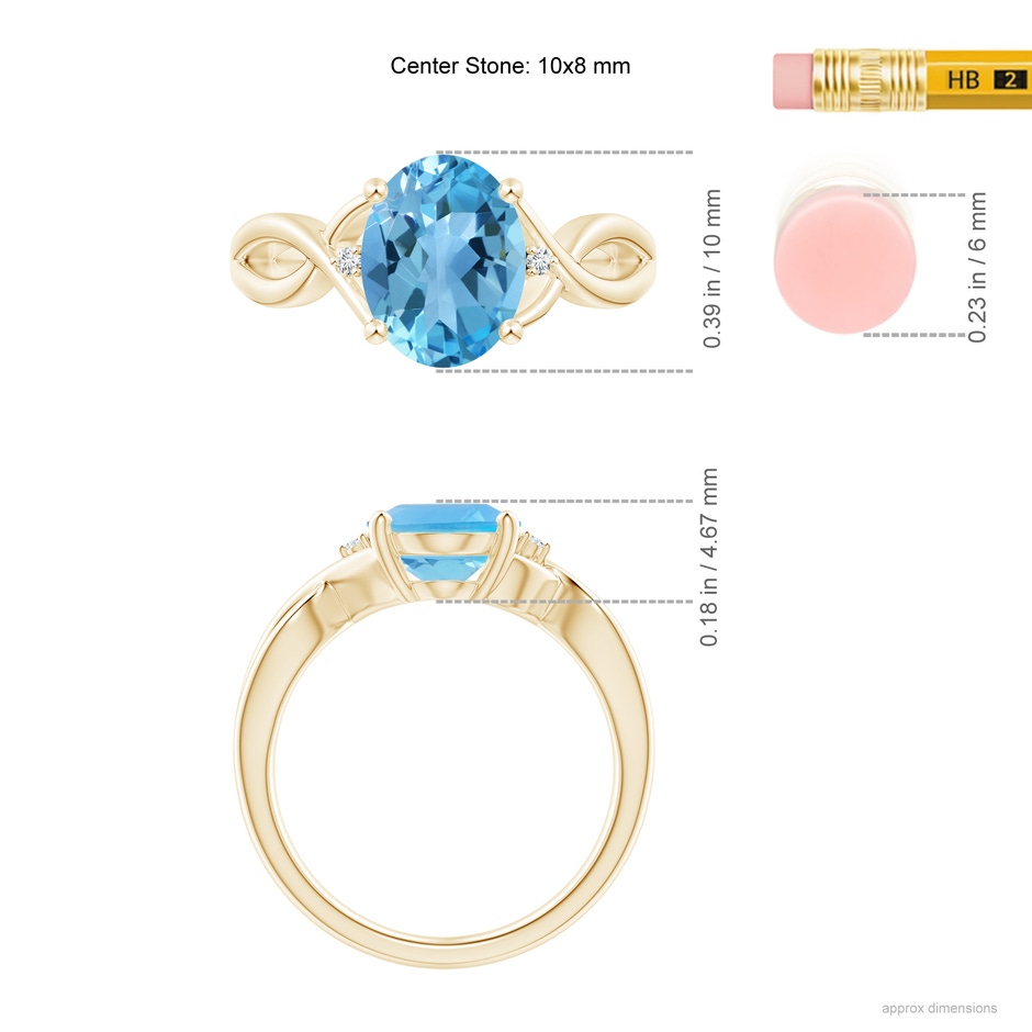 10x8mm AA Oval Swiss Blue Topaz Criss Cross Ring with Diamond Accents in Yellow Gold ruler