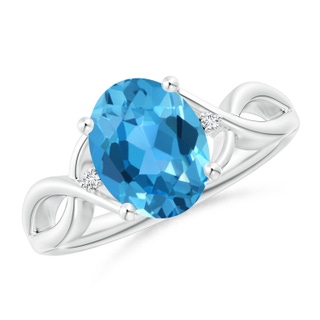 10x8mm AAA Oval Swiss Blue Topaz Criss Cross Ring with Diamond Accents in White Gold